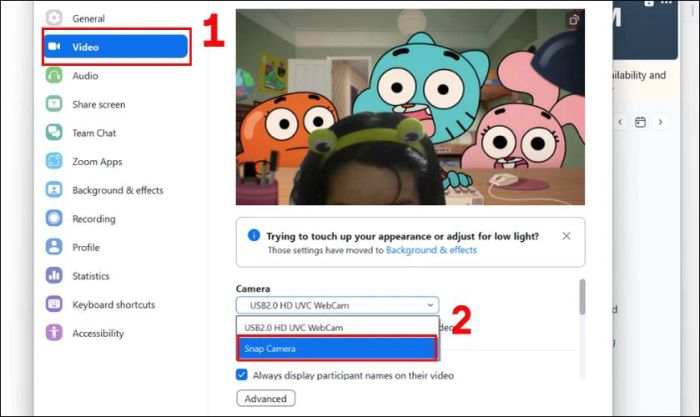Trong phần Camera, hãy chọn ứng dụng Snap Camera