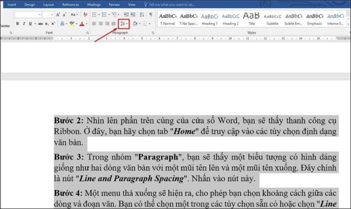 Nhấn vào Line and Paragraph Spacing để bắt đầu điều chỉnh khoảng cách