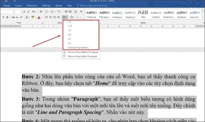 Tùy chọn khoảng cách bạn mong muốn trong Line Spacing Option