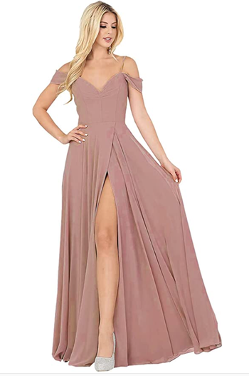 model showcasing the front view of the pink dress