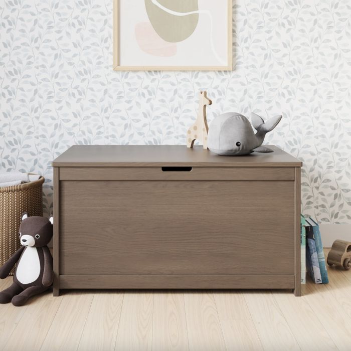 A wooden toy chest in a child’s room, surrounded by stuffed animals like a bear, giraffe, and whale. An abstract art piece hangs on the wall above