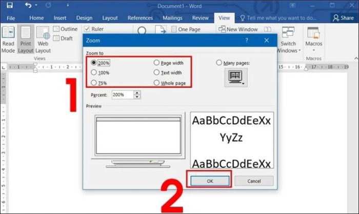 Trong hộp thoại Zoom, chọn kích thước zoom mà bạn muốn