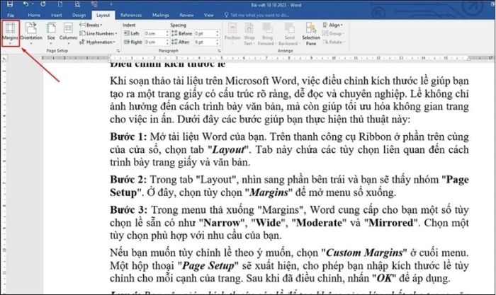 Chọn tùy chọn Margins để mở menu thả xuống