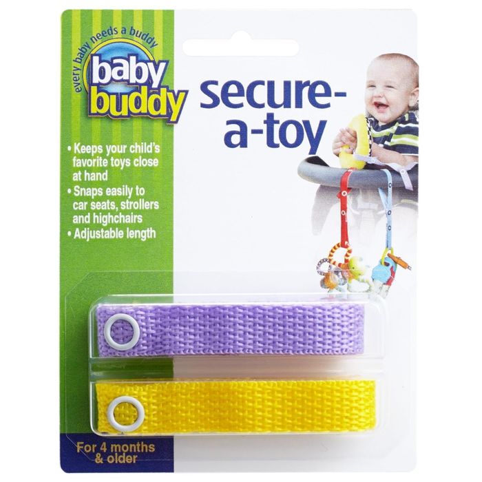 Packaging for Baby Buddy Secure-A-Toy, showing toy security straps that attach to car seats, strollers, and highchairs, perfect for babies 4 months and older.