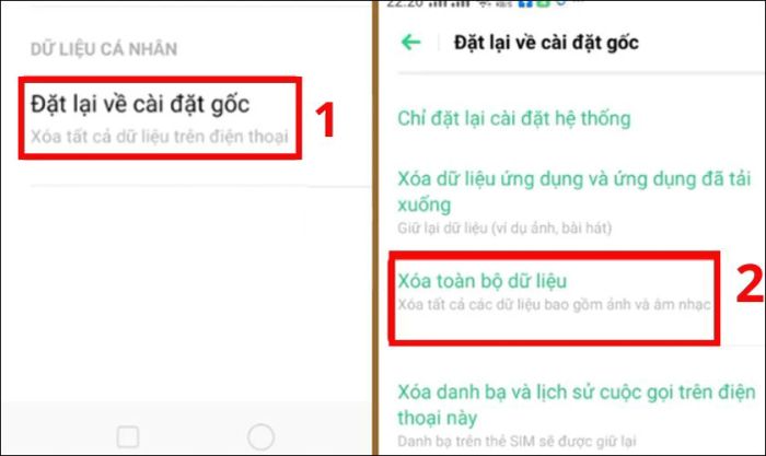 Tiến hành chọn Đặt lại cài đặt gốc, rồi tiếp theo bấm vào Xóa toàn bộ dữ liệu.