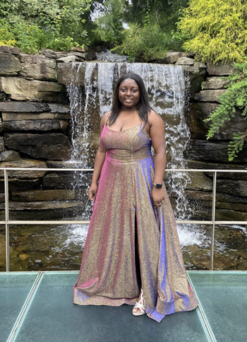 reviewer wearing a steel-colored dress