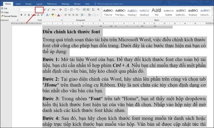 Nhấp vào dropdown trong nhóm Font để thực hiện điều chỉnh