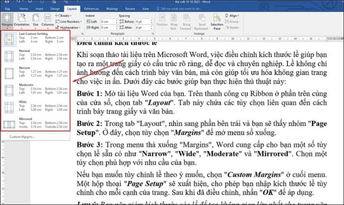 Chọn lề phù hợp và nhấn Lưu