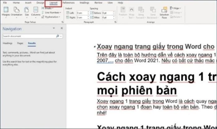 Mở tài liệu Word, chọn tab Layout rồi nhấn vào nút Orientation