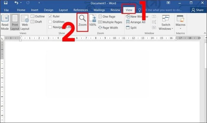 Chọn tab View trong tài liệu Word đang mở và nhấn Zoom