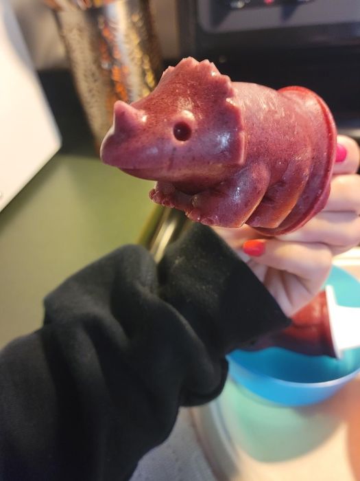 A hand holding a dinosaur-shaped ice pop, with a black sleeve visible and bright red painted nails
