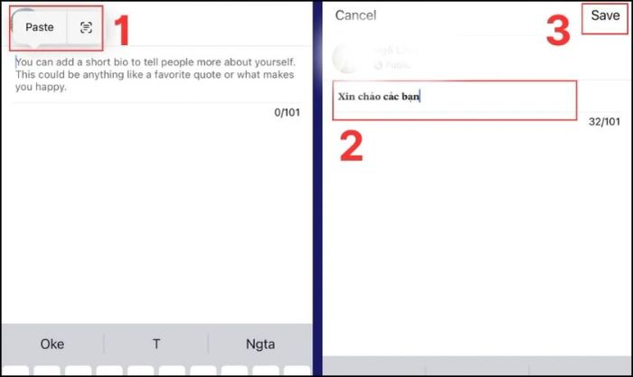 Chọn Paste để dán nội dung vào tiểu sử Facebook