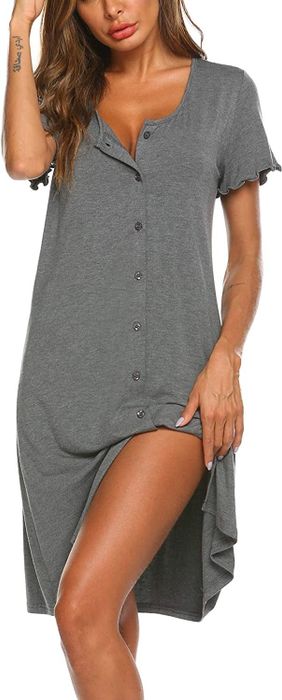 model wearing the gray nightgown