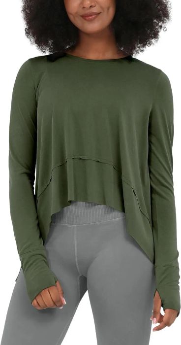A woman modeling an olive green cropped sweatshirt with a raw hemline and light gray leggings