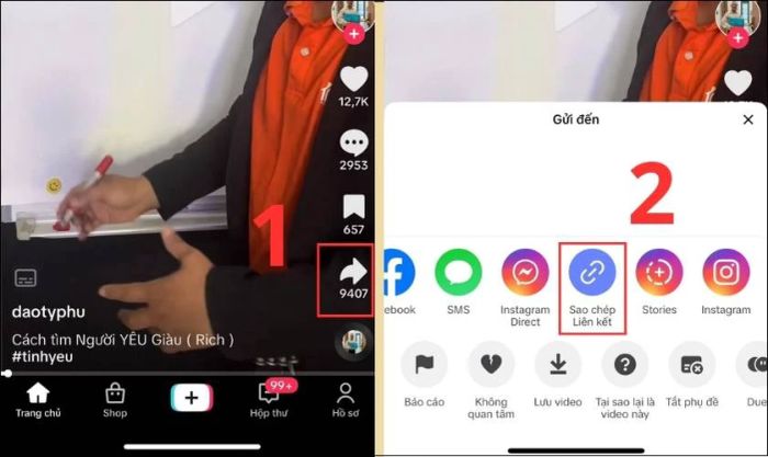 Nhấn vào biểu tượng chia sẻ và sao chép liên kết