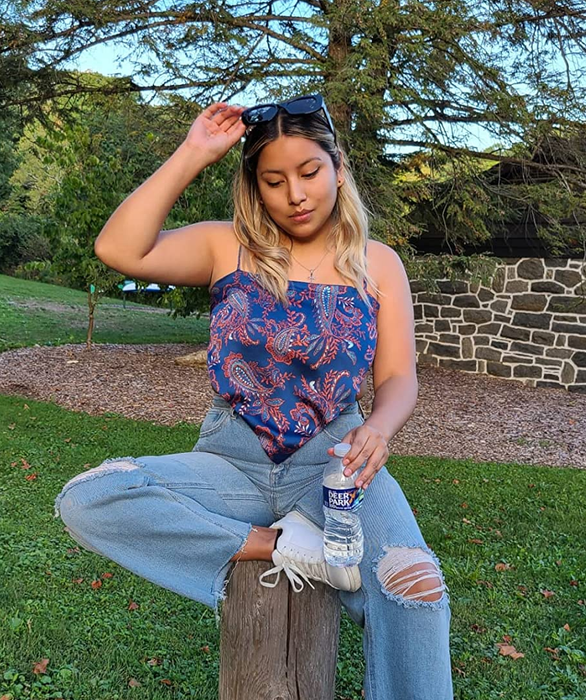 a reviewer wearing the bandana top