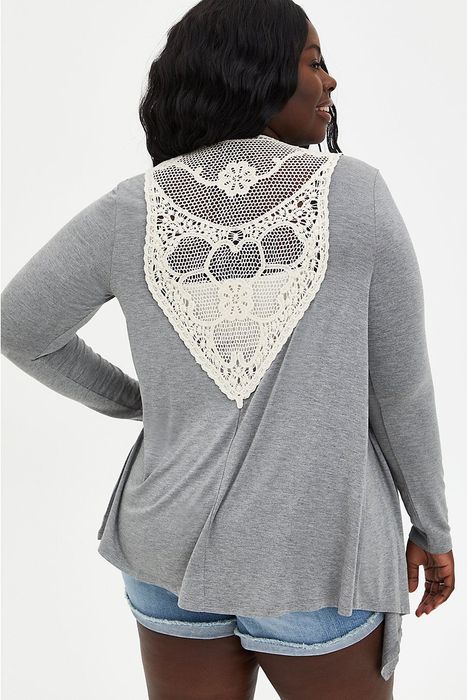 A model shown from the back, highlighting the sheer lace insert