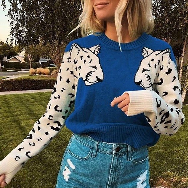 model dressed in a blue sweater featuring leopard-print sleeves
