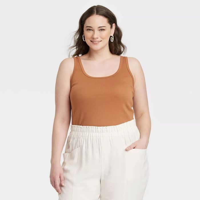 model showcasing the tan tank top