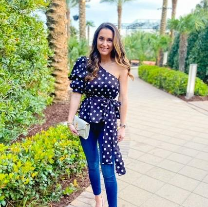 a third reviewer styled in a black and white polka dot print