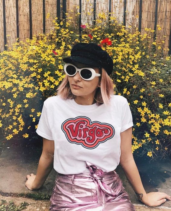 a model sporting the Virgo zodiac t-shirt in white