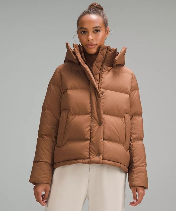 brown puffer jacket on model