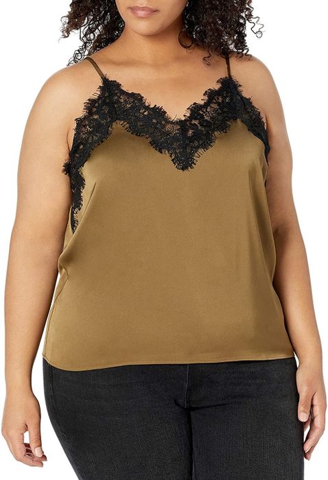 model wearing the brown cami with black trim