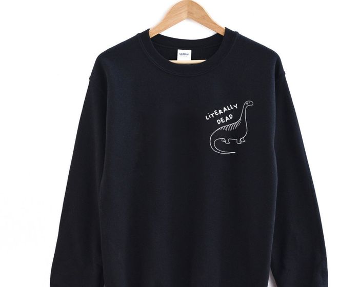 A black sweatshirt with a dinosaur graphic and the phrase 'literally dead' printed on it.