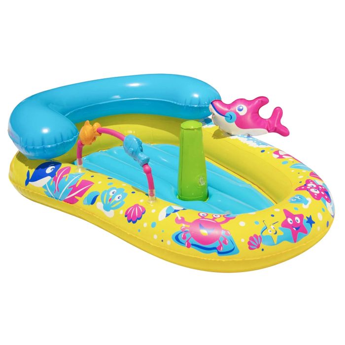 Inflatable baby splash center featuring sea animal designs, including a dolphin sprayer and interactive toys for water play