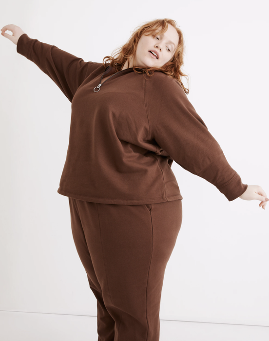 Model styled in a Madewell half-zip pullover