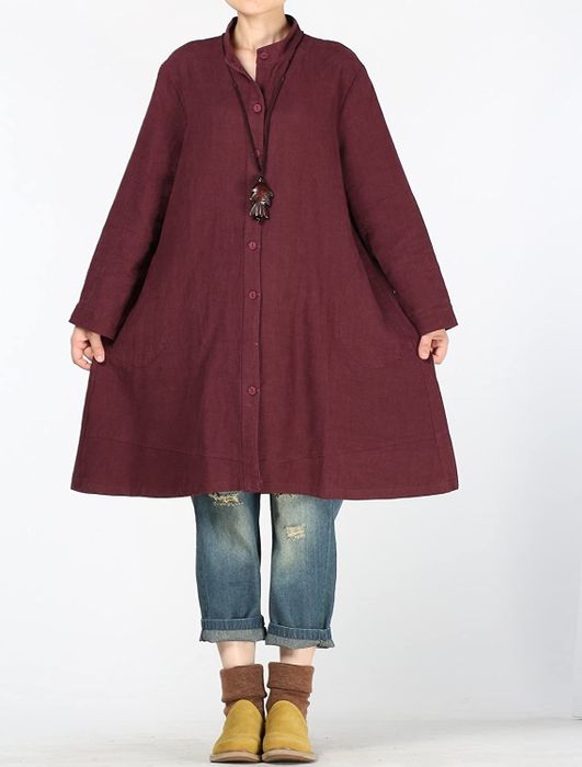 Model showcasing a burgundy button-up jacket from Mordenmiss