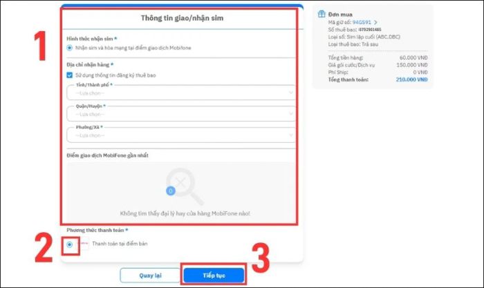 Chọn Địa chỉ nhận hàng và Điểm giao dịch MobiFone