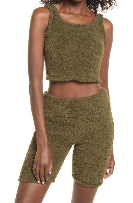model rocking the olive green fuzzy tank