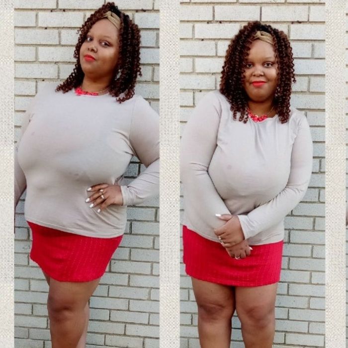 A reviewer showing off the beige tee.