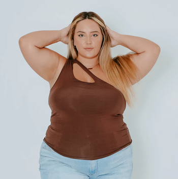 a model showcasing the brown top