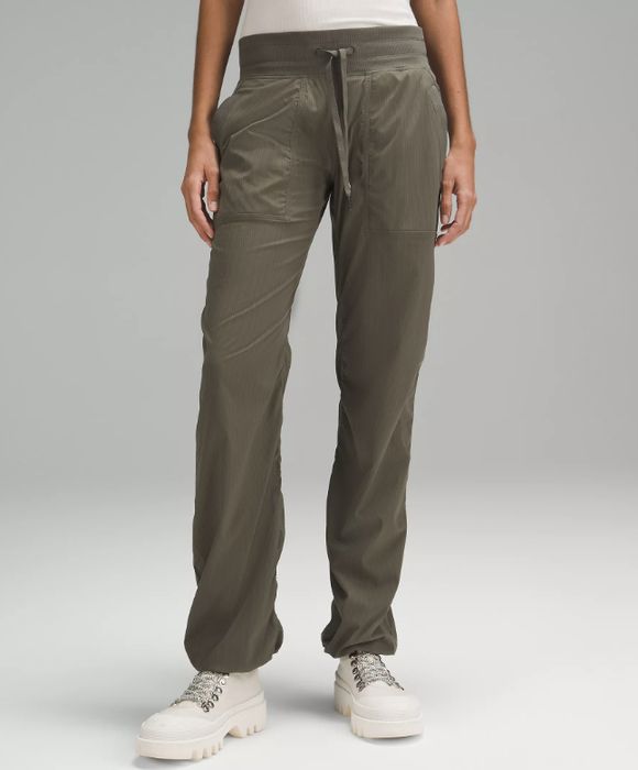 An olive mid-rise pant
