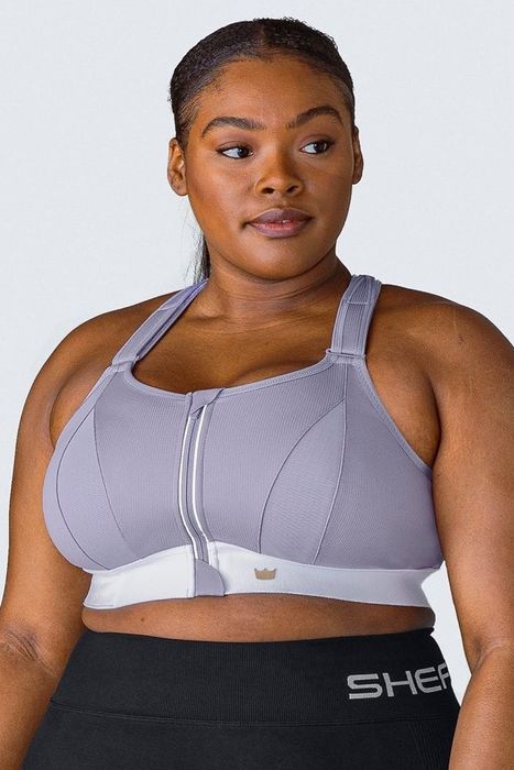 Model showcasing the purple bra