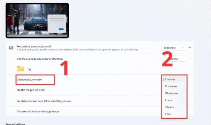 Nhấn vào mục Change picture every để thiết lập thời gian thay đổi hình ảnh