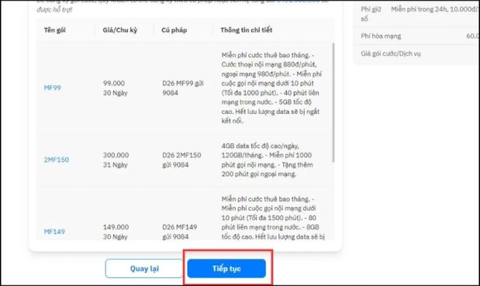 Trang web sẽ hiển thị Thông tin thuê bao của số bạn đã chọn. Bạn chỉ cần nhấn Tiếp tục để tiếp tục quá trình.