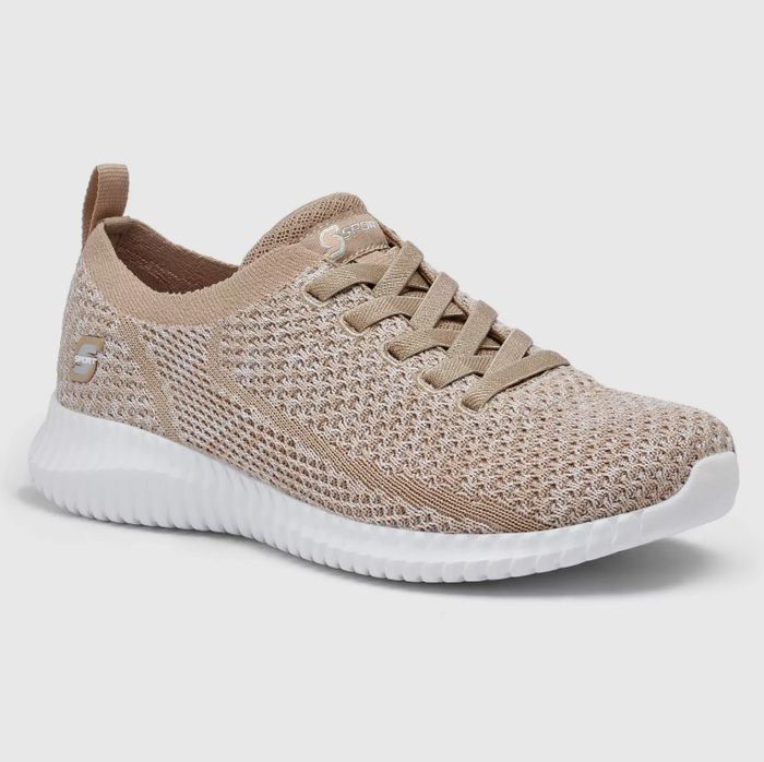 The taupe sneakers with white soles.