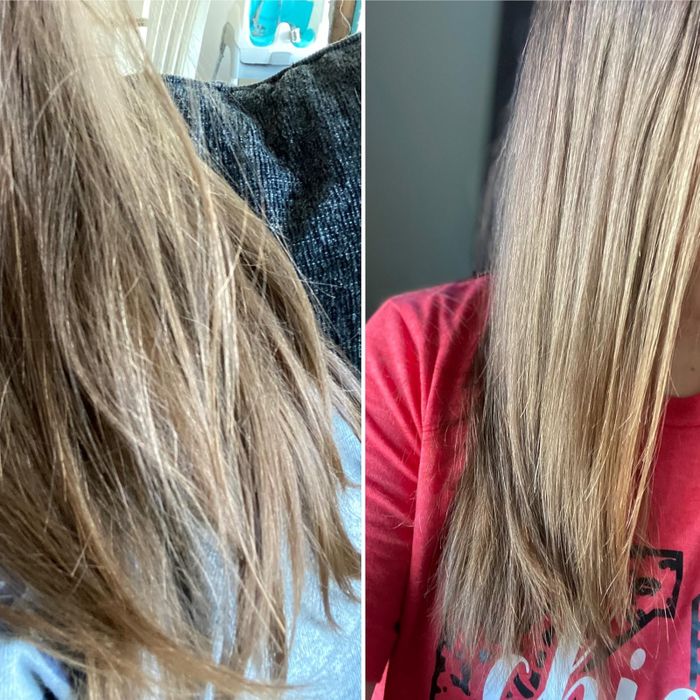 Side-by-side comparison of a reviewer's hair before and after using 8 Second Wonder Water