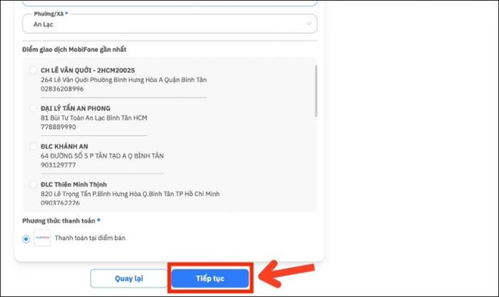 Nhấn Tiếp tục để hoàn thành quy trình Đăng ký giữ số