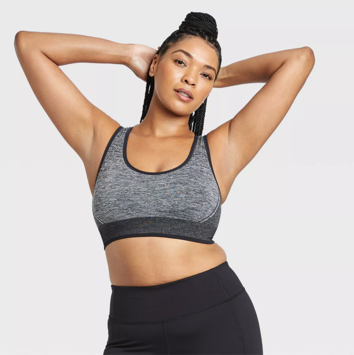 Model showcasing the gray bra