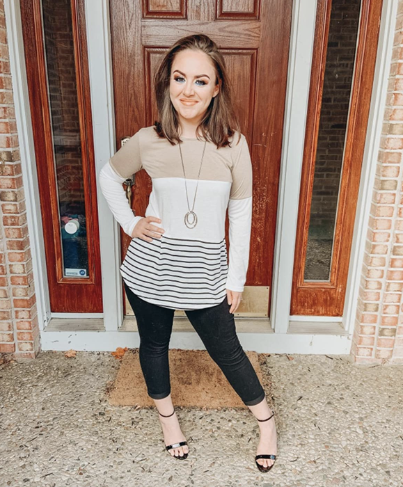 The sandy-hued top demonstrated in coffee-run chic perfection