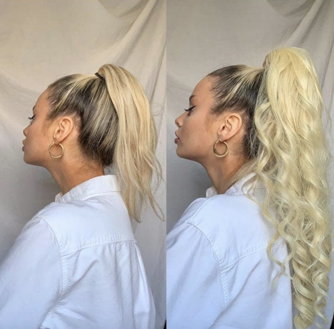 Before and after comparison of the Molly Pony in blonde, transitioning from a simple ponytail to a voluminous, spiral-curled high ponytail
