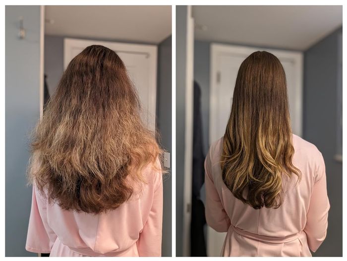 Before/after images of the reviewer's hair, transitioning from frizzy and poofy to smooth and frizz-free