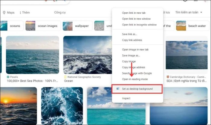 Chọn tùy chọn Set as desktop background để thiết lập hình nền cho máy tính Windows 11.