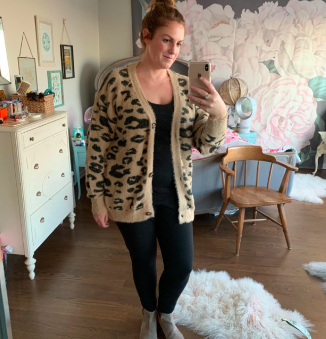 The sand-hued animal-print cardigan styled with safari-inspired edge