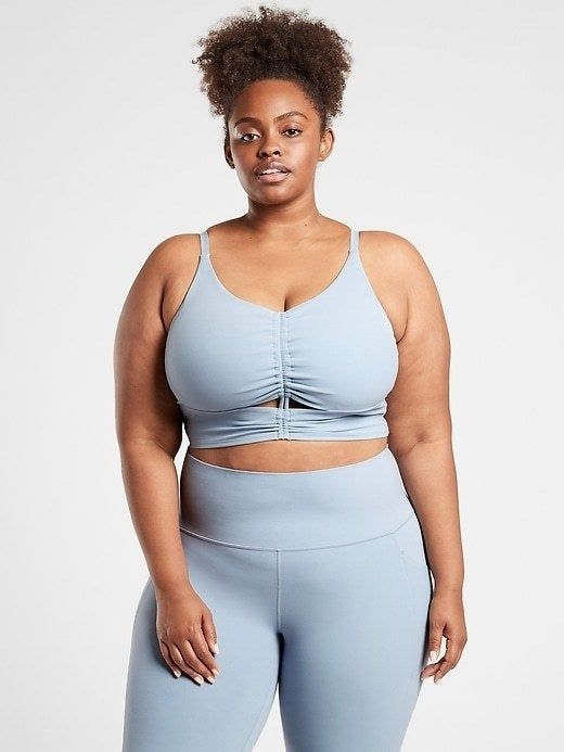 Model wearing the blue bra, front view
