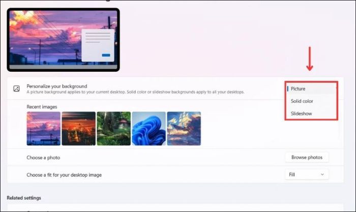 Sử dụng tính năng Personalize your background để thay đổi hình nền trên màn hình Windows 11